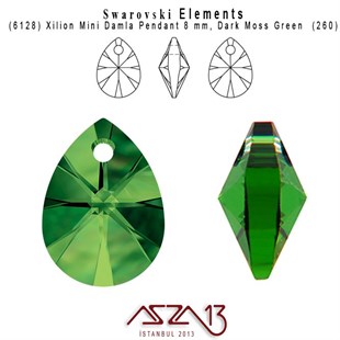 6128 260 (Dark Moss Green)  Xilion Mini Pear Pendant (K.Yeşil, Damla Kristal Uç) 8 mm / 5 Adet