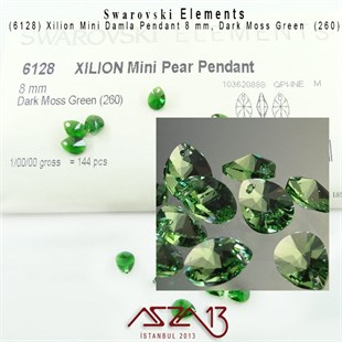 6128 260 (Dark Moss Green)  Xilion Mini Pear Pendant (K.Yeşil, Damla Kristal Uç) 8 mm / 5 Adet