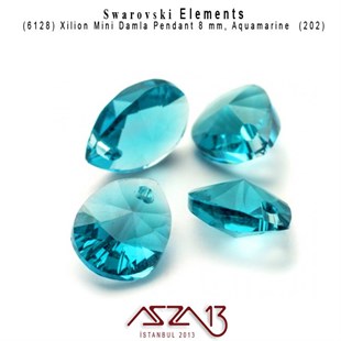 6128 202 (Aquamarine)  Xilion Mini Pear Pendant (A. Mavi, Damla Kristal Uç) 8 mm / 5 Adet