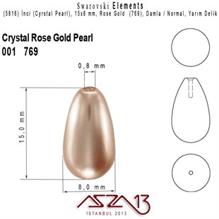 5816-769 Crystal Rose Gold Pearl 15x8 mm  (Yarım Delik Damla İnci) / 2 Adet