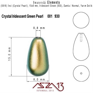 5816-930 Crystal Iridescent Green Pearl 15x8 mm (Yarım Delik Damla İnci) / 2 Adet
