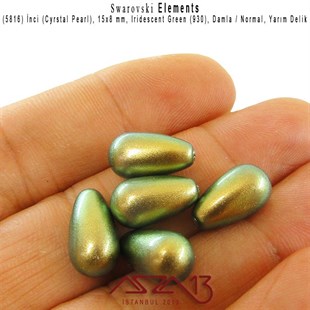 5816-930 Crystal Iridescent Green Pearl 15x8 mm (Yarım Delik Damla İnci) / 2 Adet