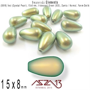 5816-930 Crystal Iridescent Green Pearl 15x8 mm (Yarım Delik Damla İnci) / 2 Adet