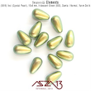 5816-930 Crystal Iridescent Green Pearl 15x8 mm (Yarım Delik Damla İnci) / 2 Adet