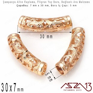 Şampanya Renk Altın Kaplama - 7x30 mm Fligran Boru Bağlantı Ara Malzeme / 1 Adet