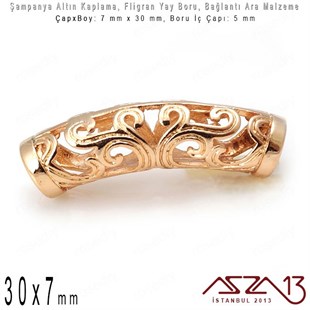 Şampanya Renk Altın Kaplama - 7x30 mm Fligran Boru Bağlantı Ara Malzeme / 1 Adet