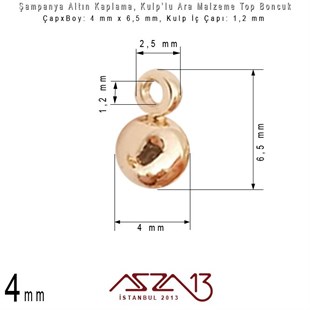 Şampanya Renk Altın Kaplama - 4 ve 6 mm Kulplu Top Sallantı Ara Malzeme / 2 Adet