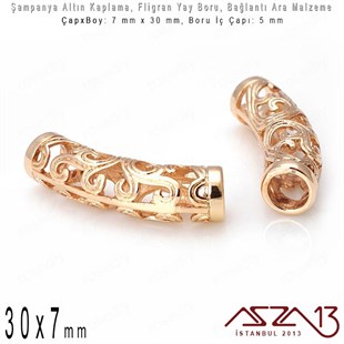 Şampanya Renk Altın Kaplama - 7x30 mm Fligran Boru Bağlantı Ara Malzeme / 1 Adet
