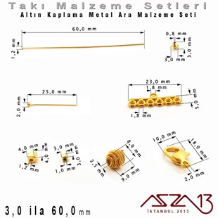 Altın Kaplama - 3,0 ila 60,0 mm - Metal Ara Malzeme Seti / 8 Çeşit - 30 gr