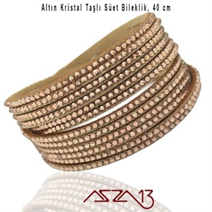 Altın Kristal Taşlı Çift Sarım Süet Deri Bileklik