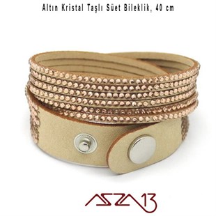 Altın Kristal Taşlı Çift Sarım Süet Deri Bileklik