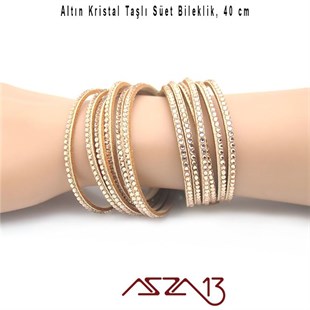 Altın Kristal Taşlı Çift Sarım Süet Deri Bileklik