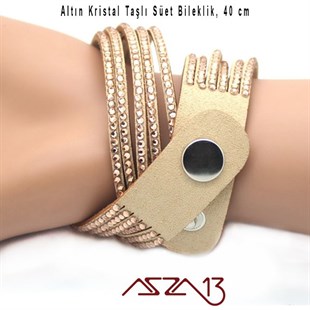 Altın Kristal Taşlı Çift Sarım Süet Deri Bileklik