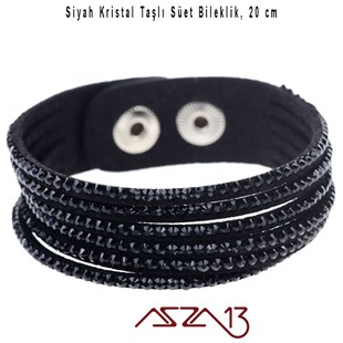 Siyah Kristal Taşlı Tek Sarım Süet Deri Bileklik