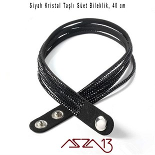 Siyah Kristal Taşlı Çift Sarım Süet Deri Bileklik