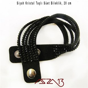 Siyah Kristal Taşlı Tek Sarım Süet Deri Bileklik