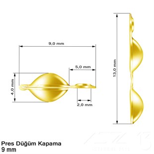 Kapama (Düğüm) - Tek Kulp ve  Pres - 9 mm - Pirinç Kaplama / 20 Adet 