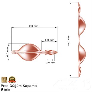Kapama (Düğüm) - Çift Kulp ve  Pres - 9 mm - Gerçek Rose Altın Kaplama / 20 Adet 