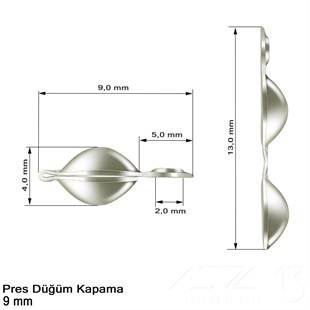 Kapama (Düğüm) - Tek Kulp ve  Pres - 9 mm - Gümüş Kaplama / 20 Adet 