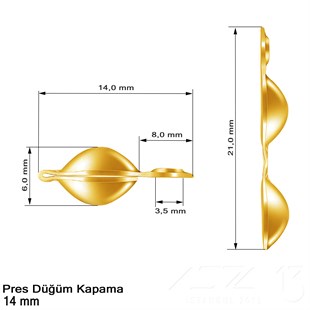 Kapama (Düğüm) - Tek Kulp ve  Pres - 14 mm - Gerçek Altın Kaplama / 10 Adet 