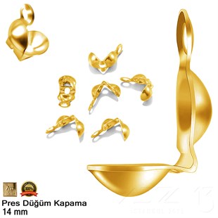 Kapama (Düğüm) - Tek Kulp ve  Pres - 14 mm - Gerçek Altın Kaplama / 10 Adet 
