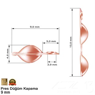 Kapama (Düğüm) - Tek Kulp ve  Pres - 9 mm - Gerçek Rose Altın Kaplama / 20 Adet 