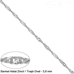 Zincir - Sarmal Halat Tip - Traşlı Oval 3 mm - Nikel Kaplama / 1 Metre