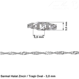 Zincir - Sarmal Halat Tip - Traşlı Oval 3 mm - Nikel Kaplama / 1 Metre
