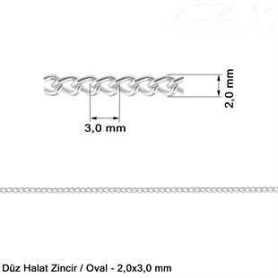 Zincir - Düz Halat Tip - Oval 2 mm - Nikel Kaplama / 1 Metre