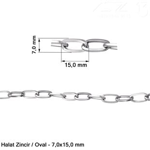 Zincir - Halat Tip - Oval 7,0 mm - Rodyum Kaplama - Kaynaklı  / 1 Metre