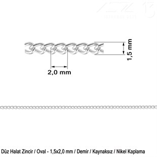 Zincir - Düz Halat Tip - Oval 1,5 mm - Nikel Kaplama / 1 Metre