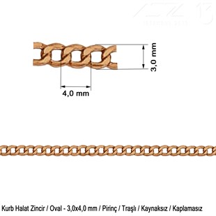 Zincir - Kurb Halat Tip - Traşlı Oval 3 mm - Kaplamasız / 1 Metre