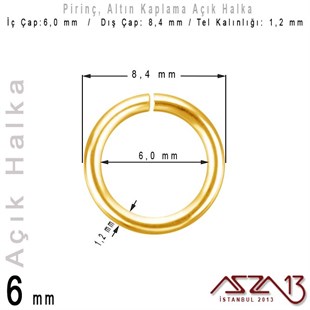 Altın Kaplamalı 1,2 mm Telden 6 mm Açık Halka / Paket İçeriği 70 Adet