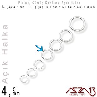 Gümüş Kaplamalı 0,8 mm Telden 4,5 mm Açık Halka / Paket İçeriği 100 Adet