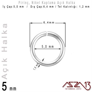 Nikel Kaplamalı 1,2 mm Telden 5 mm Açık Halka / Paket İçeriği 60 Adet