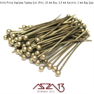 Antik Pirinç Kaplamalı 25 mm Topbaş İğne / Paket İçeriği 60 Adet
