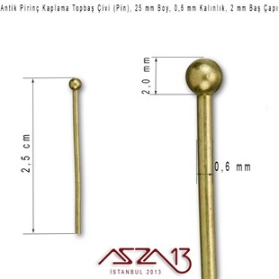 Antik Pirinç Kaplamalı 25 mm Topbaş İğne / Paket İçeriği 60 Adet