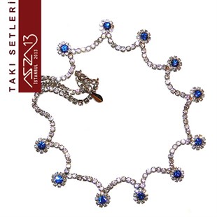 Gümüş Kaplama ve Şeffaf ve Safir Kristal Taşlı Küpe ve Kolye Takı Seti (Düğün Takısı)