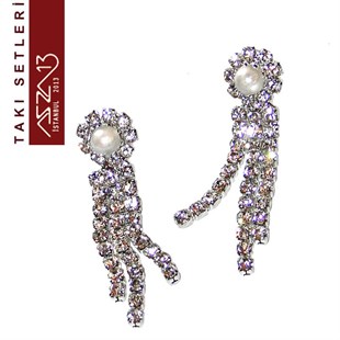 Gümüş Kaplama ve Şeffaf Kristal Taşlı ve İncili Küpe ve Kolye Takı Seti (Düğün Takısı)