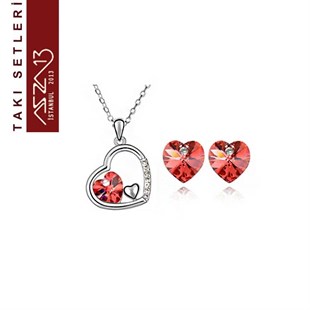 Rodyum Kaplama Swarovski Siam Kristal Taşlı Kolye ve Küpe Seti