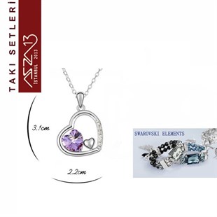 Rodyum Kaplama Swarovski Violet Kristal Taşlı Kolye ve Küpe Seti