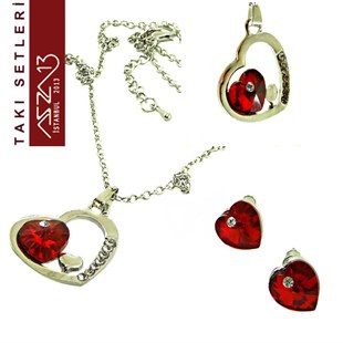 Rodyum Kaplama Swarovski Siam Kristal Taşlı Kolye ve Küpe Seti