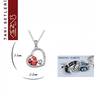 Rodyum Kaplama Swarovski Siam Kristal Taşlı Kolye ve Küpe Seti