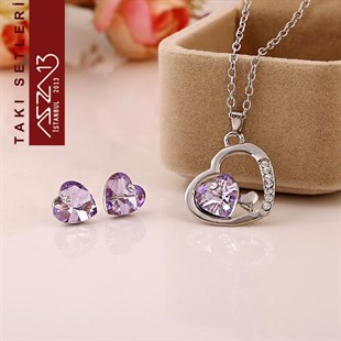 Rodyum Kaplama Swarovski Violet Kristal Taşlı Kolye ve Küpe Seti