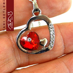 Rodyum Kaplama Swarovski Siam Kristal Taşlı Kolye ve Küpe Seti