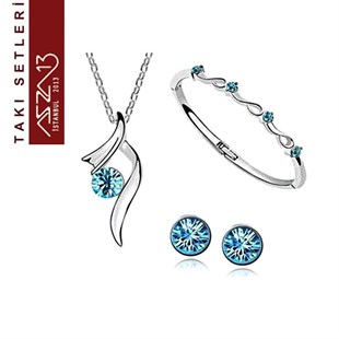 Swarovski Blue Zircon Taşlı Kolye, Bileklik, Küpe Seti