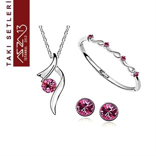 Swarovski Rose Taşlı Kolye, Bileklik, Küpe Seti