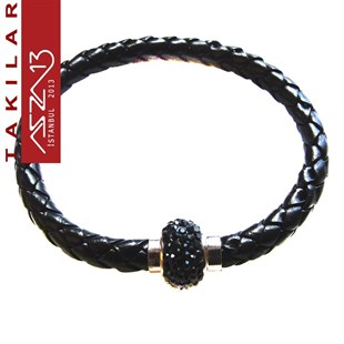 Siyah Deri Örgü İp Bileklik (Siyah Taşlı)