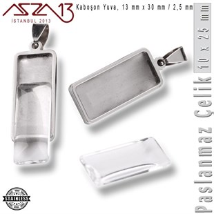 316L Çelik - 13x30 mm Kolye Klipsli - Şeffaf Kaboşon Cam Taş ve Yuva / 1 Adet