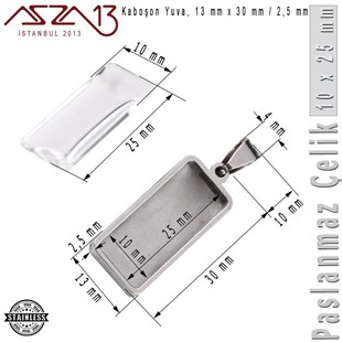316L Çelik - 13x30 mm Kolye Klipsli - Şeffaf Kaboşon Cam Taş ve Yuva / 1 Adet